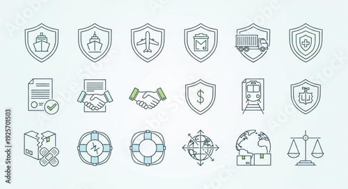 Collection of Business and Finance Icons with Shields and Symbols.