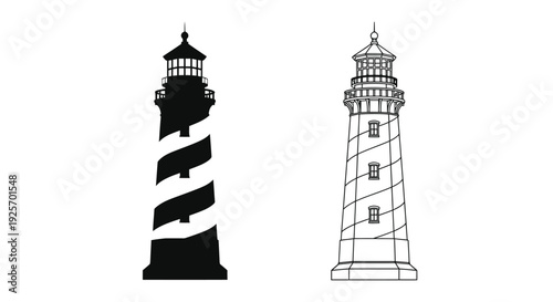 Two lighthouses one black silhouette and one white line drawing