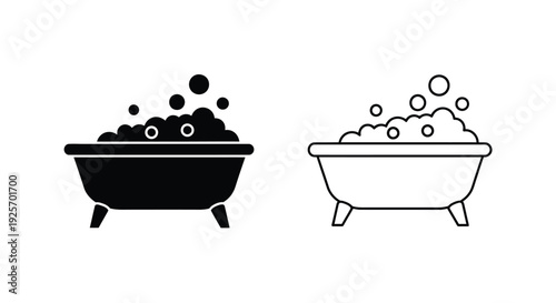 Black and white bathtub icons with bubbles representing hygiene and relaxation