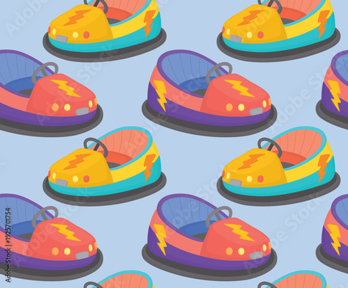 Seamless pattern with colorful bumper cars. Background of bright attraction from amusement park