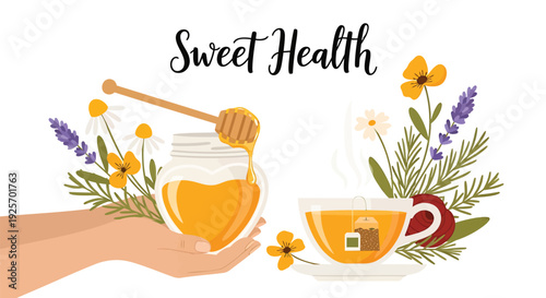Herbal tea and honey icon set. Includes tea, honey, herbs, flowers. Created in flat style with colorful palette.