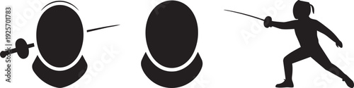 Fencing sport icons set vector illustration. mask, and fencer silhouette symbols