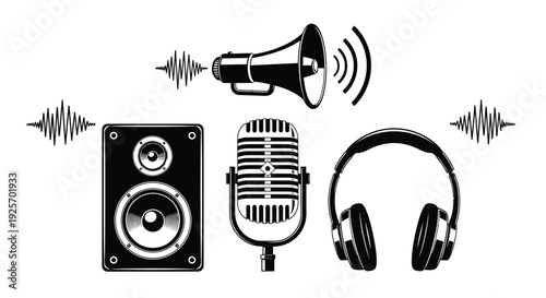 Black and white illustration of audio equipment including a megaphone microphone and headphones