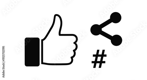 Social media icons depicting a like share and hashtag symbol