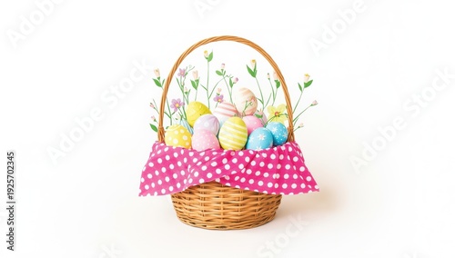 Easter basket with colorful eggs and flowers pink polka dot cloth wicker basket