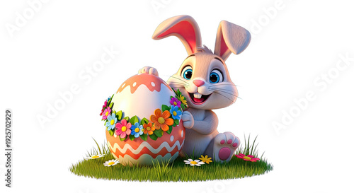 Cartoon easter bunny sitting on green grass holding large decorated egg with flowers