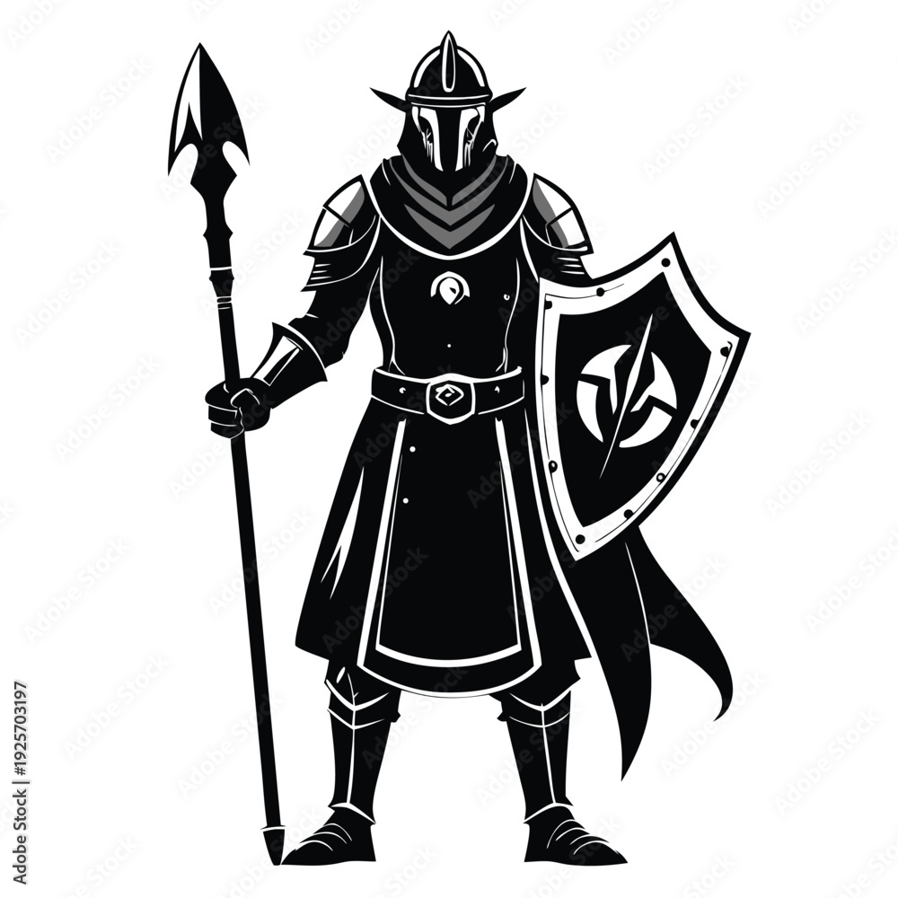 Obraz premium medieval knight silhouette line art vector illustration with a white background