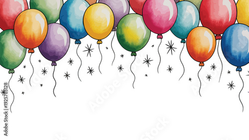 A colorful illustration of balloons and stars on a white background for a festive celebration
