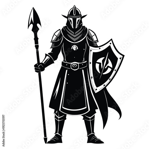 medieval knight silhouette line art vector illustration with a white background