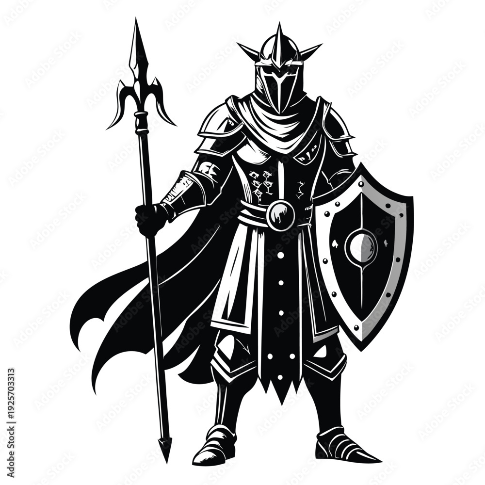 Obraz premium medieval knight silhouette line art vector illustration with a white background