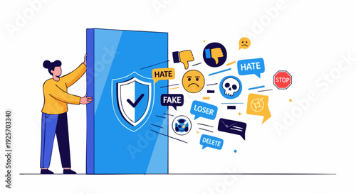 Cyberbullying protection vector illustration. A person pushing a blue shield with a checkmark, blocking negative online comments and emojis like hate, fake, loser, skull, and stop.