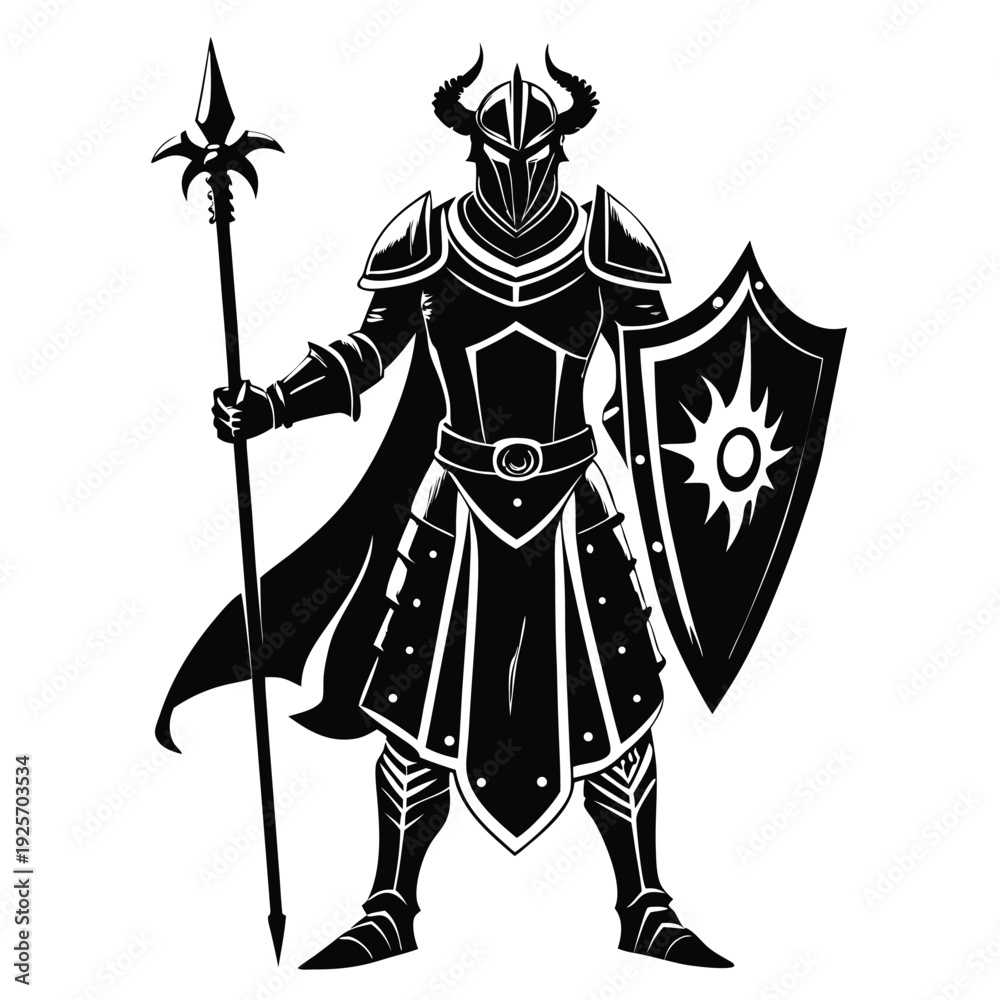 Obraz premium medieval knight silhouette line art vector illustration with a white background