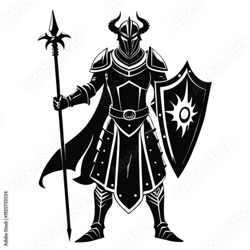 medieval knight silhouette line art vector illustration with a white background