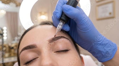 Eyebrow Microblading Procedure in Salon Microblading Eyebrow Tattoo Beauty Treatment Cosmetic Procedure Eyebrow Shaping Beauty Salon Skincare. Concept featuring microblading, eyebrow tattoo, beauty...