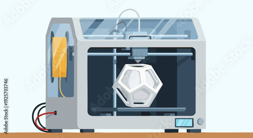 3D printer vector illustration with white geometric object on print bed