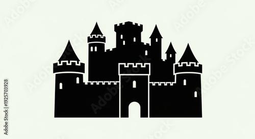 Black silhouette of a medieval fantasy castle with towers on a light green background symbolizing fairy tale magic and adventure