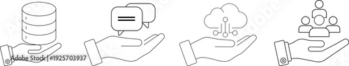 Business management line art icon vector set hands holding data team and speech bubbles isolated on transparent background