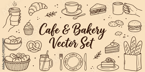 Cafe bakery vector doodle set with coffee cake bread and kitchen elements
