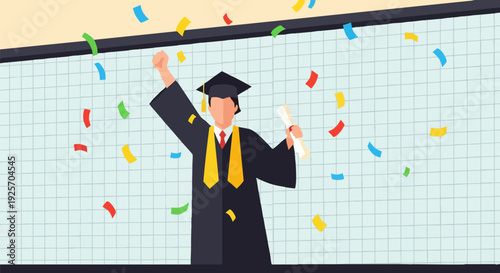 Happy male graduate in cap and gown holding diploma with confetti falling, celebrating academic success and achievement
