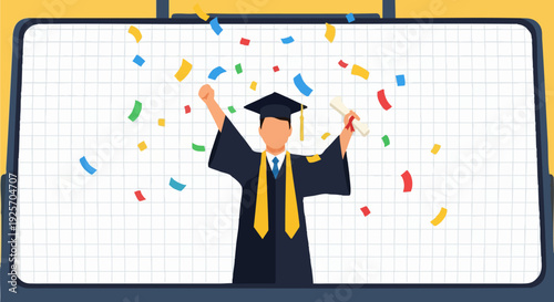 Graduation celebration vector illustration with confetti. Male graduate in cap and gown holding diploma with arms raised, on a whiteboard background.