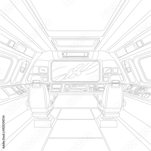Interior spaceship bridge schematic with control panels and seats perspective