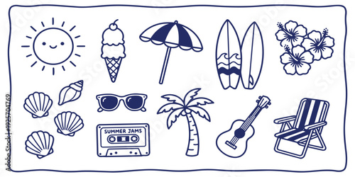 Summer beach doodle vector set with palm sunglasses surfboard umbrella and vacation icons
