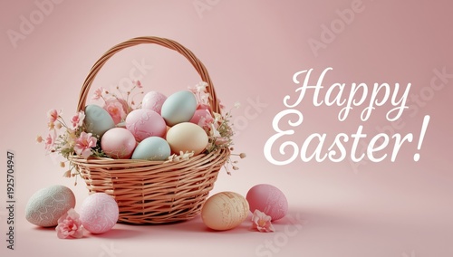 Easter eggs in a wicker basket with flowers on pink background with Happy Easter text