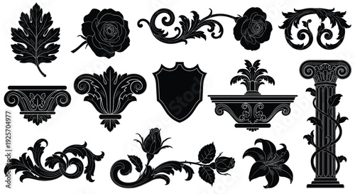 Set of vintage baroque silhouette elements with ornate floral scrolls, acanthus leaves, roses, and classical architectural details.
