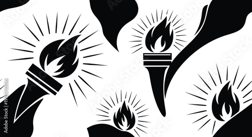 High-contrast black and white seamless pattern of stylized flaming torches symbolizing knowledge, freedom, and sporting spirit for a bold graphic background.