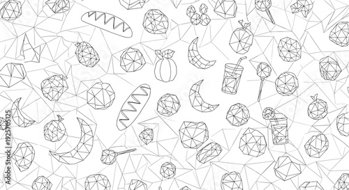 Modern black and white seamless pattern of geometric, low-poly style food icons connected by a network of lines, creating a futuristic technology concept.