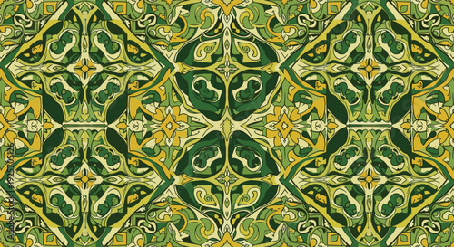 Symmetrical and ornate seamless pattern featuring a detailed kaleidoscopic design with intricate floral and geometric elements in shades of green and yellow.