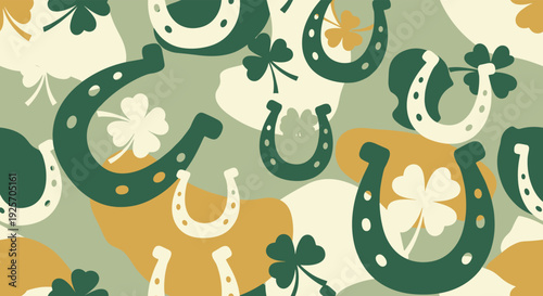 Festive seamless pattern for St. Patrick's Day featuring green four-leaf clovers and horseshoes as symbols of good luck on a modern camouflage background.