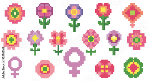 A collection of colorful pixel art flowers and female gender symbols creates a vibrant seamless pattern for International Women's Day celebrations.