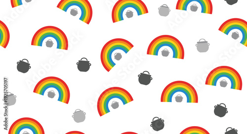 Playful seamless pattern for St Patrick's Day features colorful rainbows and gray pots of gold scattered on a clean white background, evoking luck and magic.