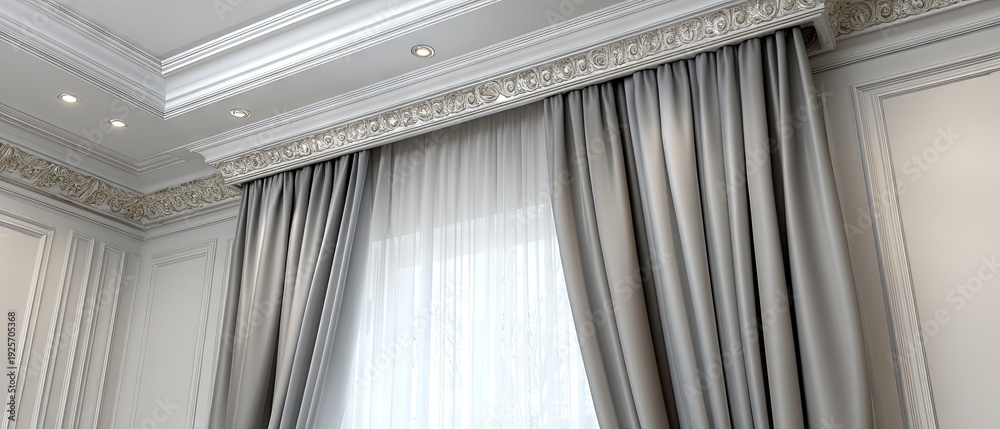 Obraz premium Modern ceiling design with long led lights and gray curtains in a bright room showcasing architectural details and minimalist decor elements