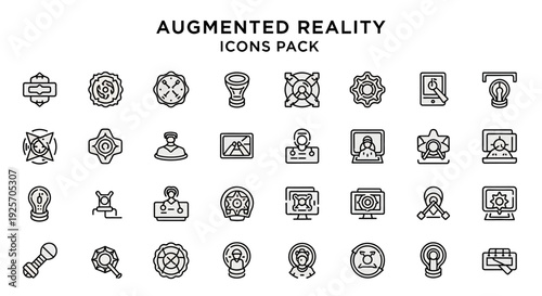 Collection of white augmented reality and virtual reality interface icons set against a solid black background