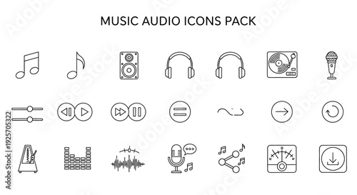 A collection of faint white outline vector icons representing audio, video, communication, and general digital media elements.