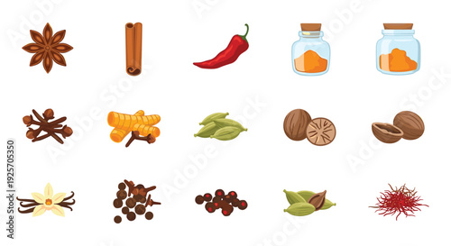 Collection of various aromatic spices and herbs used in cooking, including cinnamon, star anise, turmeric, chili, and saffron.
