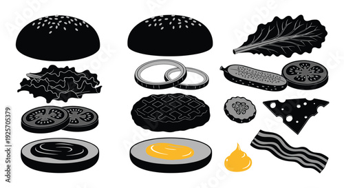 Set of deconstructed burger ingredients for custom assembly, shown in a monochrome style with selective color on the mustard.