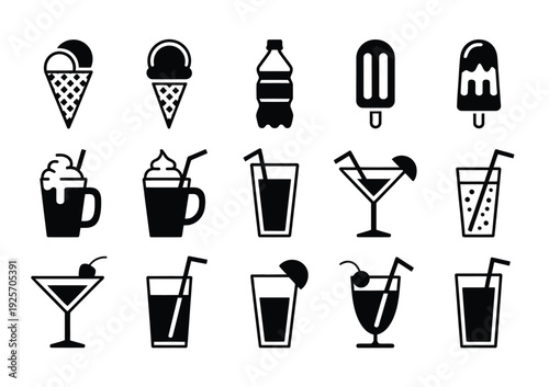 Collection of vector icons representing various drinks and frozen treats in a minimalist design