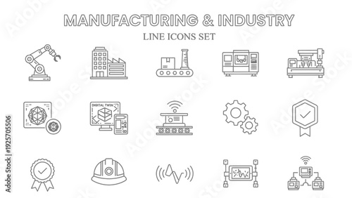 Essential white line icons set illustrating modern concepts for manufacturing and complex industrial automation processes.