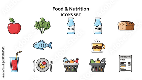 Collection of colorful illustrated icons representing essential food groups and healthy dietary components for wellness.