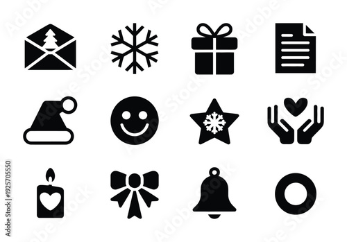 Set of vector icons designed for winter holidays featuring festive elements like snowflakes and gifts