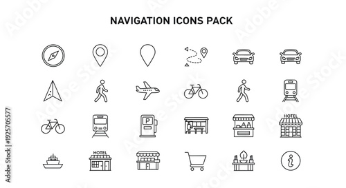 Collection of thin line vector icons representing various modes of transport and essential location markers for mapping applications.