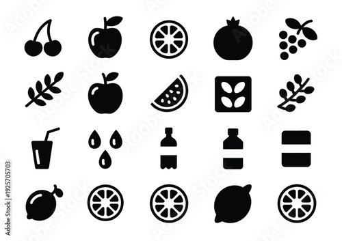 Collection of vector icons featuring fruits, leaves, drinks, and bottles