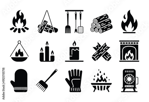 Collection of vector icons depicting various campfire and fireplace related items for cooking and warmth