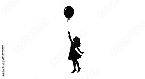 A child reaching for a floating balloon stark black silhouette
