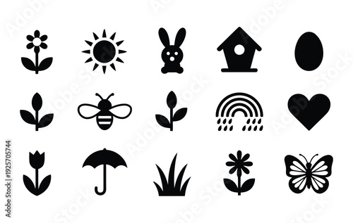 Set of vector icons featuring plants, animals, weather, and nature elements in a simple design