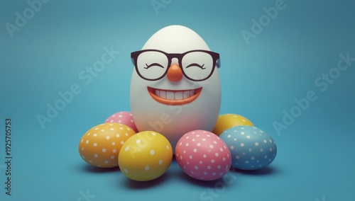 Smiling egg wearing glasses surrounded by colorful polka dot Easter eggs on blue background