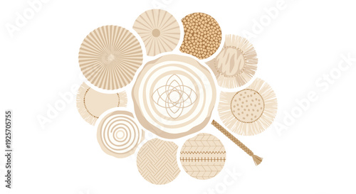 Hand-woven circular decorative elements in neutral beige tones are arranged together, showcasing various natural textures and patterns like rattan and wicker.
